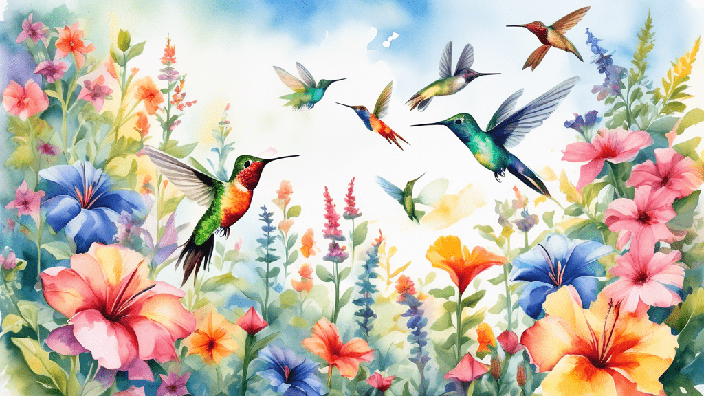 A vibrant watercolor painting illustrating a variety of hummingbirds flying around a lush garden filled with colorful flowers under a clear blue sky.