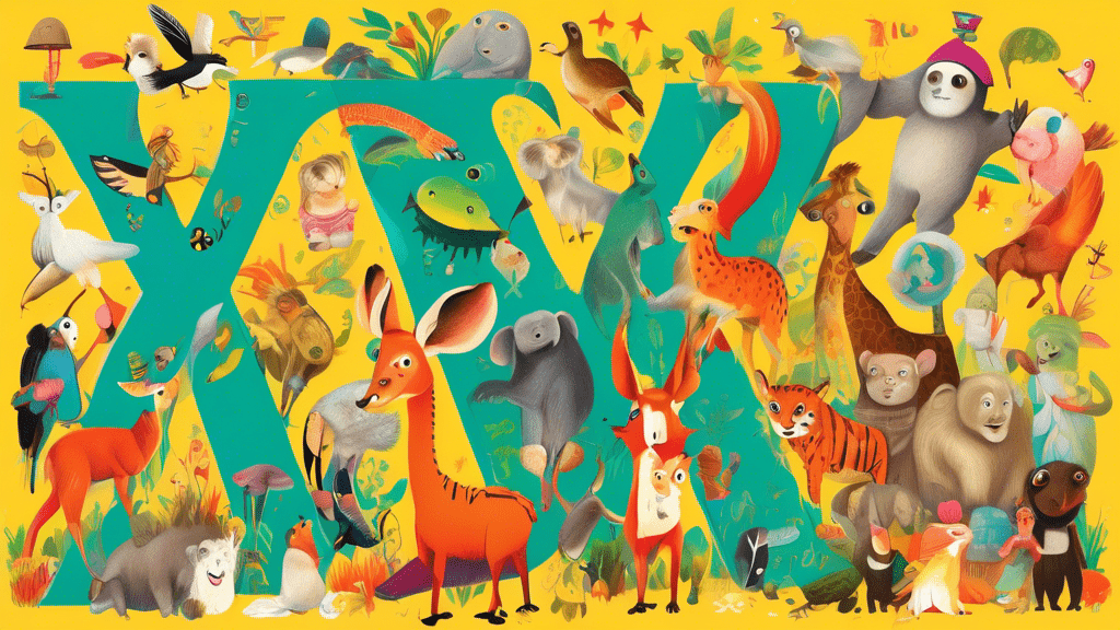 An imaginative illustration of a whimsical encyclopedia page showing illustrations and names of various animals that start with the letter 'X', in a vibrant, colorful setting, with curious children and adults pointing and learning together.