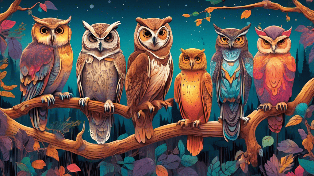 An illustrated guide showing a variety of owls perched together on a branch at dusk, highlighting different species and types in a colorful, detailed forest setting.