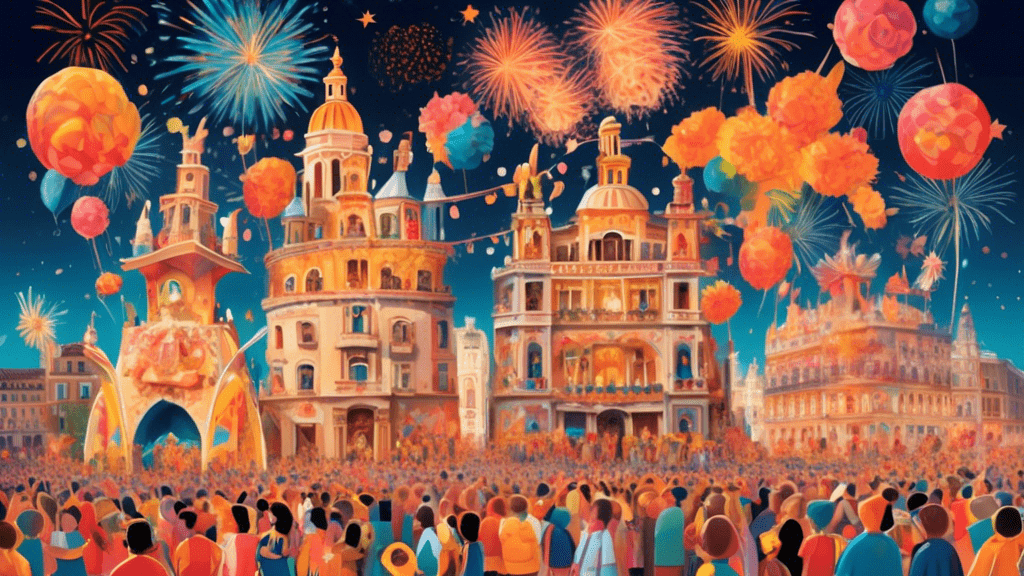 A vibrant and lively depiction of the Fallas Festival in Valencia, showcasing the intricate and towering ninots (papier-mâché figures), with fireworks illuminating the night sky and joyful crowds celebrating in traditional Valencian costumes.