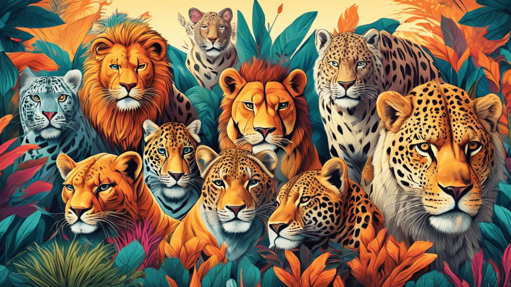 A vibrant, detailed illustration of a diverse group of big cats including a lion, tiger, leopard, jaguar, and snow leopard in their natural habitats showcasing their unique characteristics and majestic beauty.