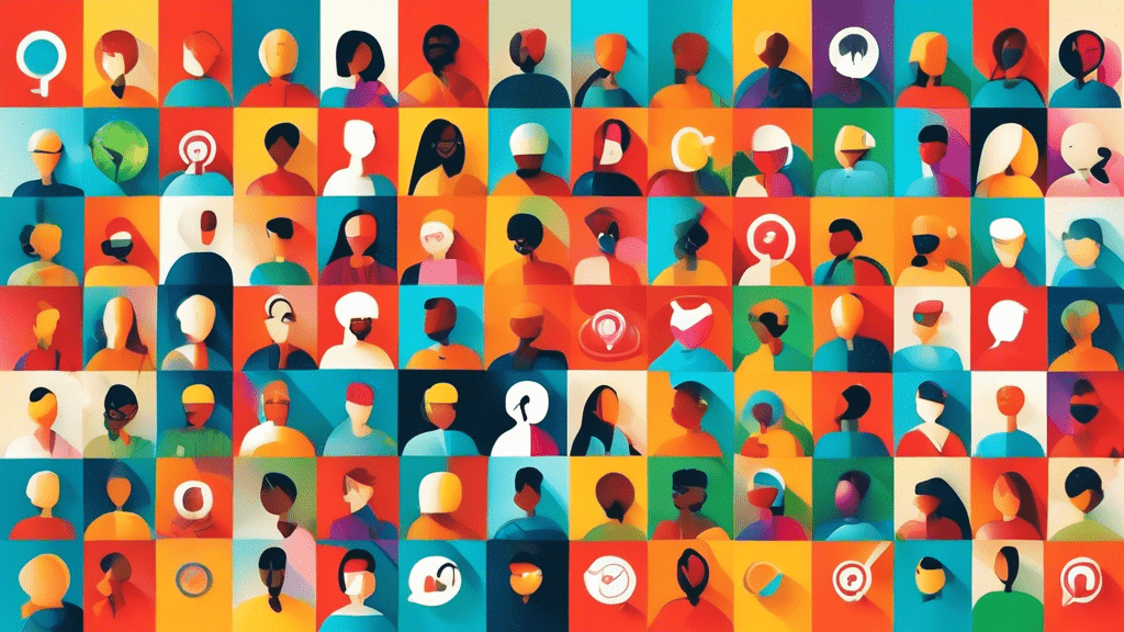 Digital illustration of diverse people interacting within various colorful, interconnected social media app icons, symbolizing a thriving global community.