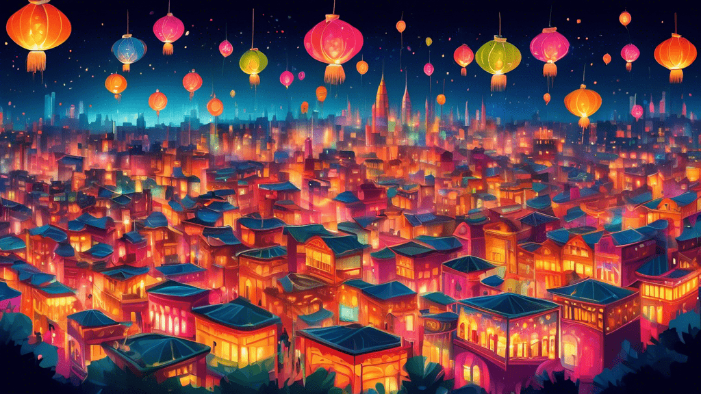 An enchanting aerial view of a vibrant city beautifully illuminated with thousands of colorful Diwali lanterns and fireworks dazzling in the night sky, reflecting the joy and spirit of the Festival of Lights.