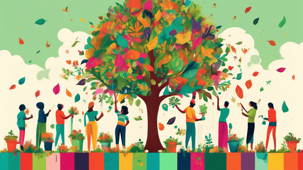 An illustration of a diverse group of people of all ages planting and watering a large, vibrant, fabric-like tree with leaves made of various clothing items, symbolizing the growth of sustainable fashion in a lush, green world.