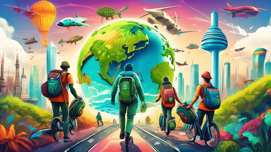 Digital painting of eco-conscious travelers embarking on a sustainable journey around the earth, with biodegradable gear, admiring biodiversity, and using renewable energy modes of transport, against a backdrop of famous global landmarks enveloped in vibrant, untouched ecosystems.