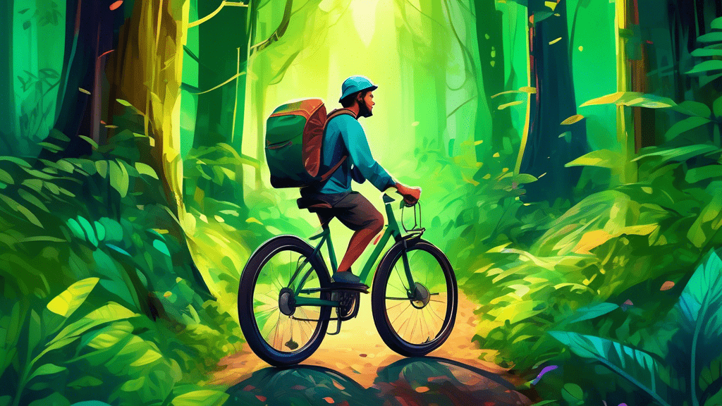 A digital painting of a traveler riding a bicycle through a lush green forest, with a backpack made of recycled materials, following a path lined with solar-powered lights, showcasing various eco-friendly travel methods.