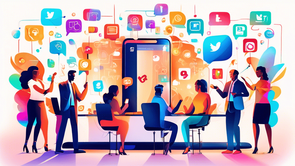 An illustration of diverse people from various professions collaboratively brainstorming around a large, glowing smartphone displaying colorful social media icons, in a modern, light-filled office space.