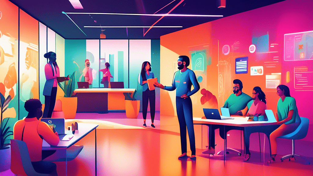 An artistic depiction of a warm, welcoming office environment with diverse employees engaging in an interactive and dynamic onboarding process, featuring vibrant colors, encouraging posters on the walls, and a friendly mentor guiding a new hire through a futuristic, tech-savvy orientation session.