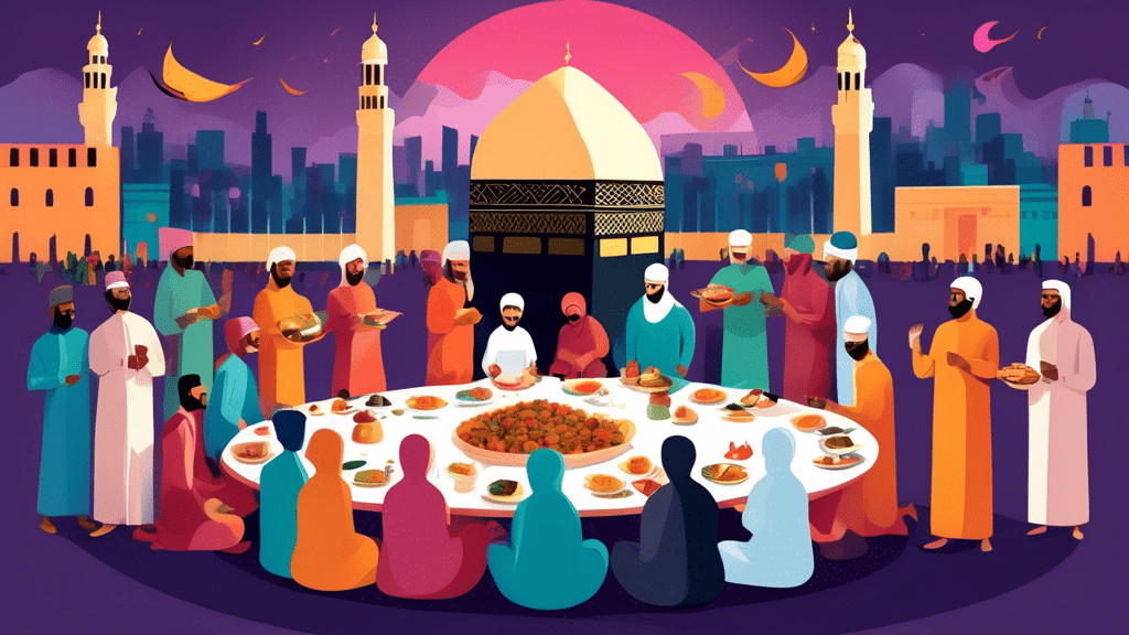 An illustration of a diverse group of Muslim families around the world celebrating Eid al-Adha together, sharing meals and participating in the act of Qurbani, with a backdrop of the Kaaba in Mecca.