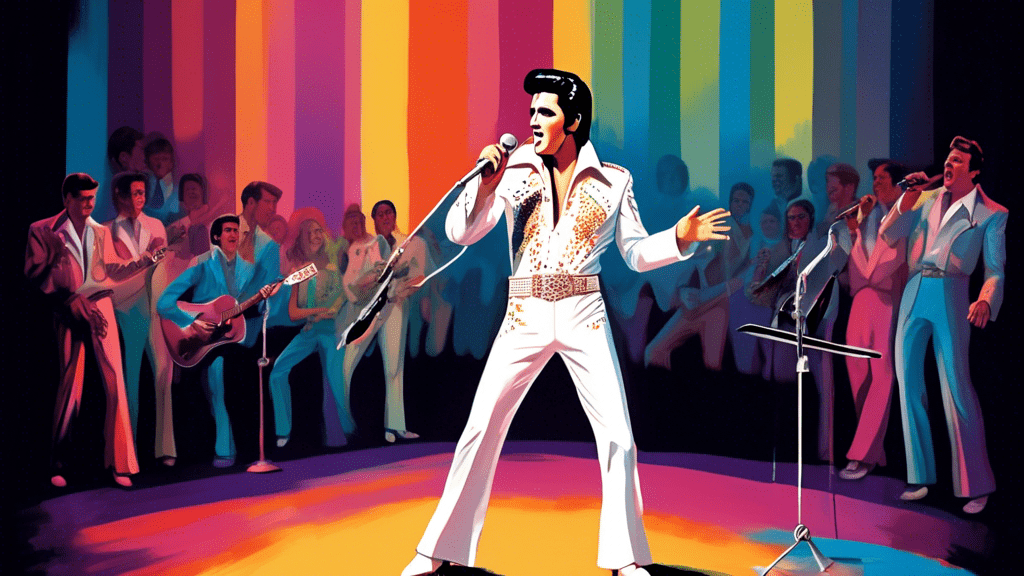 Elvis Presley in his iconic white jumpsuit, under the bright stage lights, giving his final heartfelt performance, with a vintage microphone and the final notes of his last song reverberating in the background, in a packed 1970s auditorium.