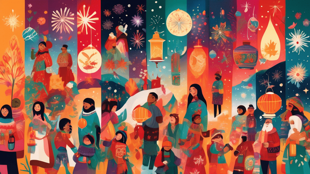 Vibrant collage showcasing people from diverse cultures around the world celebrating their unique seasonal holidays, with symbols like lanterns, fireworks, snowflakes, and flowers, all blending together under a sky filled with the Northern Lights.