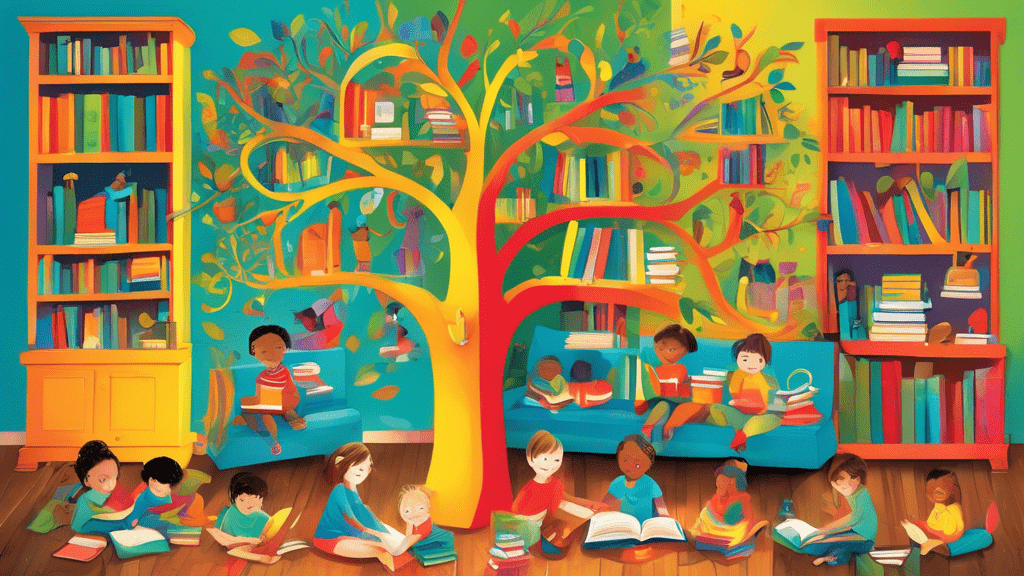 A bright, colorful illustration of a whimsical tree with shelves as branches filled with an array of books, under which children of diverse backgrounds are joyfully reading and exploring books together.