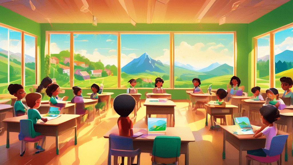 An inviting, modern classroom set in a lush, rural landscape, filled with children of diverse backgrounds engaging with advanced technology and interactive learning materials, under the guidance of a passionate teacher, with a backdrop of mountains and green fields visible through large, sunlit windows.