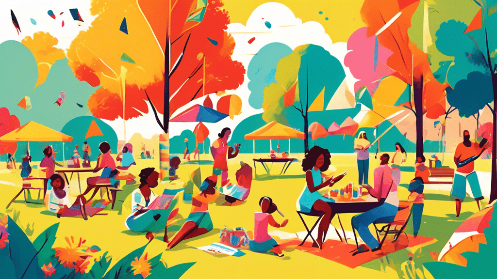 Diverse group of people engaging in various summer hobbies and leisure activities in a vibrant, sunny park setting, showcasing activities like painting, reading, flying kites, gardening, picnicking, and playing outdoor games, with a bright, cheerful color palette emphasizing the joy of summer.
