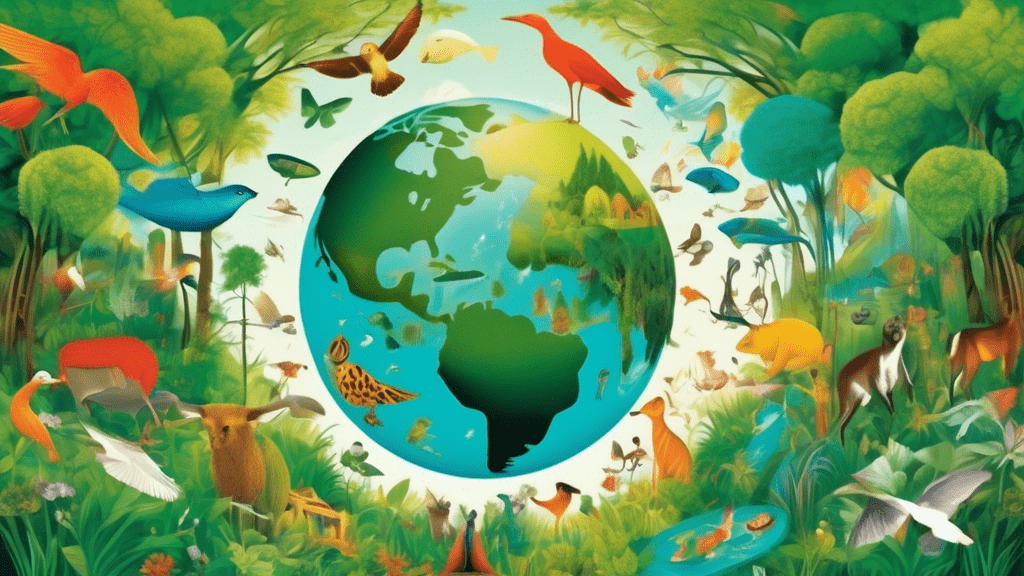A collage illustrating the vibrant interconnection between human health and different aspects of the environment such as clean air, pure water, lush green forests, and wildlife, all enveloped in a protective globe to symbolize environmental health awareness.