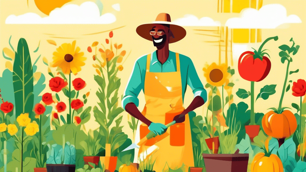 A vibrant, thriving vegetable garden under the golden summer sun, with a happy gardener wearing a straw hat and apron, using eco-friendly tools to follow expert gardening tips.