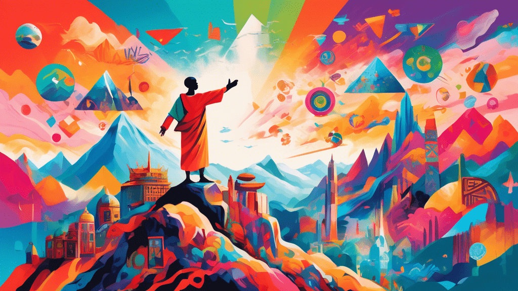 A vibrant painting of a person standing on a mountaintop, reaching out to a sky filled with various cultural symbols, international landmarks, and digital icons, symbolizing global connection and understanding.