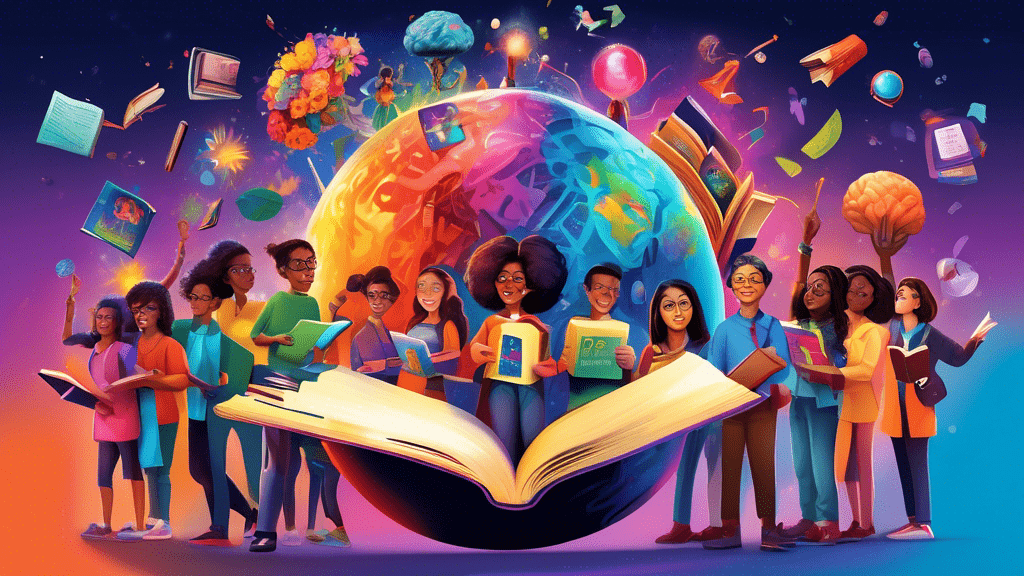 Create a vibrant, digitally painted image showcasing a group of excited, diverse individuals, each holding a different colorful book with symbols representing various fields of study (science, art, literature, technology, etc.), standing on a globe that is partially transformed into a blooming brain. In the background, the Worldnoor logo glows softly, symbolizing the source of their newfound knowledge.