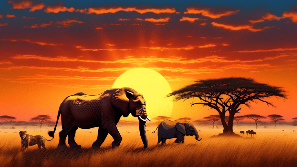 A majestic lion, an enormous elephant, a rare leopard, a powerful buffalo, and a rhinoceros standing together on the sweeping savanna at sunset, with the silhouette of an acacia tree in the background, showcasing the Big Five of Africa's wildlife.