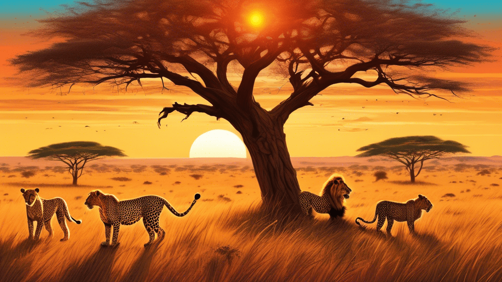 An awe-inspiring panorama of Africa's savannah at sunset, showcasing a pride of lions, a stealthy leopard in a tree, and a cheetah surveying the plains, all coexisting in their majestic natural habitat.