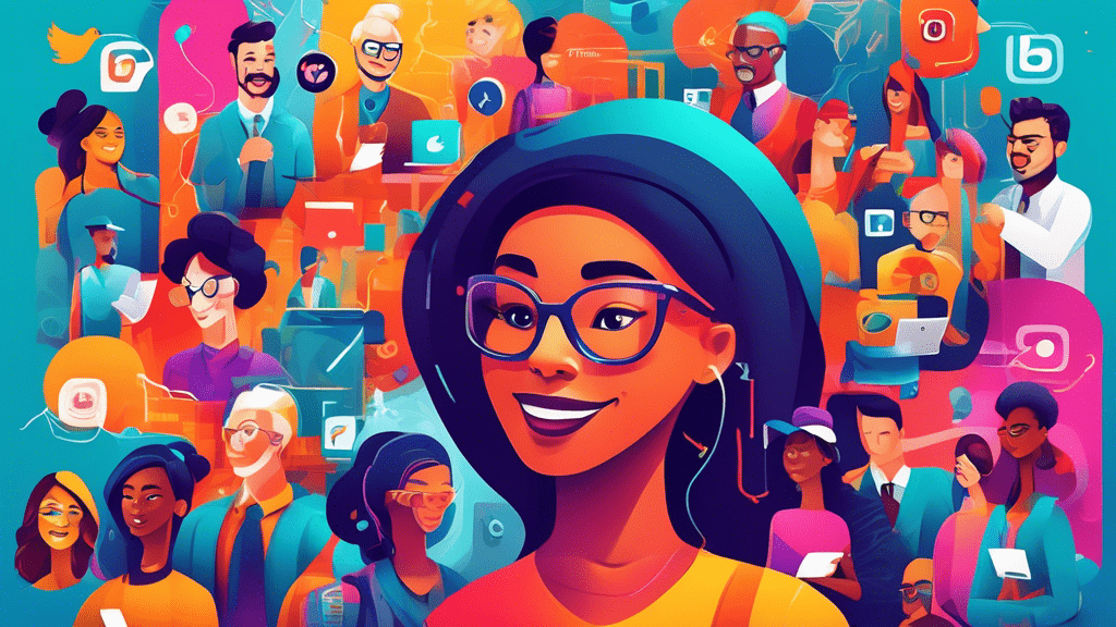 Create an imaginative and bustling digital marketplace filled with diverse characters representing various careers in social media, showcasing opportunities and paths in a colorful and interconnected web of possibilities.