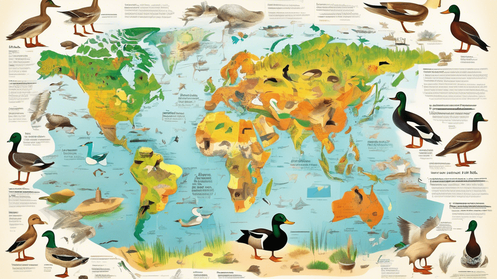 A vibrant, illustrated encyclopedia page showcasing a variety of duck species in their natural habitats, including detailed annotations and a color-coded world map indicating regions where each species can be found.