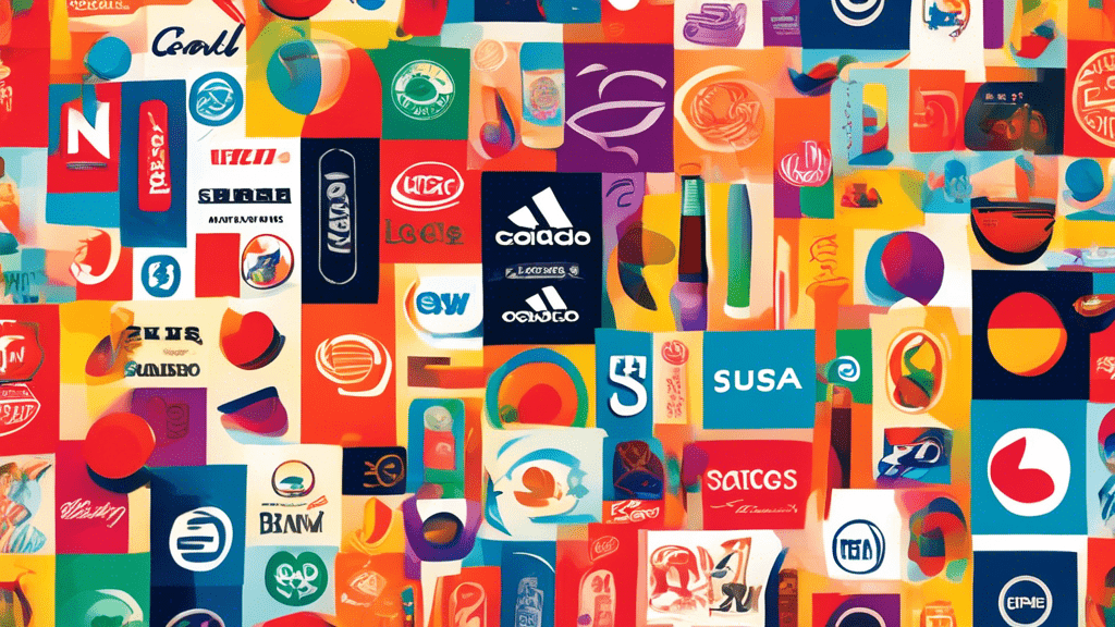 An imaginative illustration of various iconic brands' logos evolving into different strategic shapes to represent diverse branding strategies, all coming together over a colorful, bustling market scene.