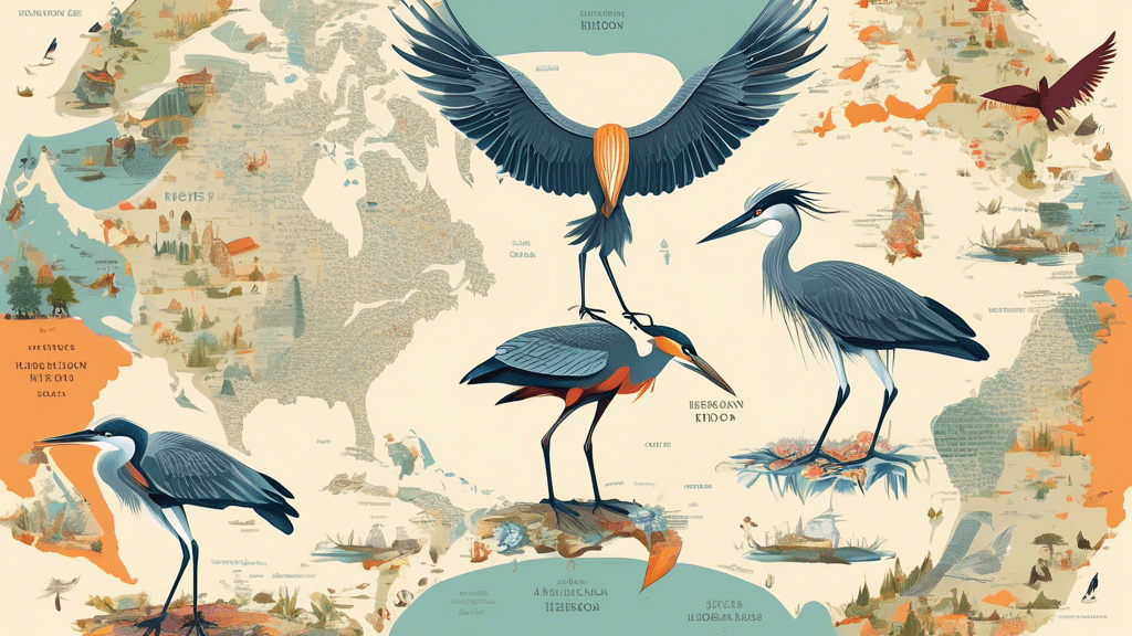 Create an illustrative world map pinpointing the locations of different types of herons, with beautifully detailed heron species perched in their respective habitats, each marked by subtle, iconic cultural or landscape elements in the background to represent the global distribution.