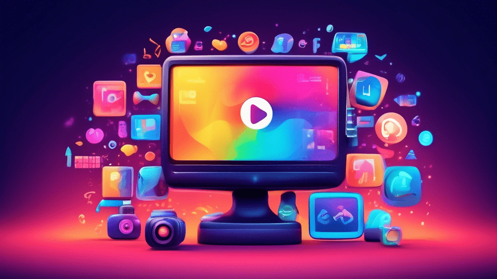 Detailed illustration of various colorful icons representing different types of videos including educational, cinematic, vlog, tutorial, and animated, creatively displayed on a digital canvas with soft glowing effects around each icon.