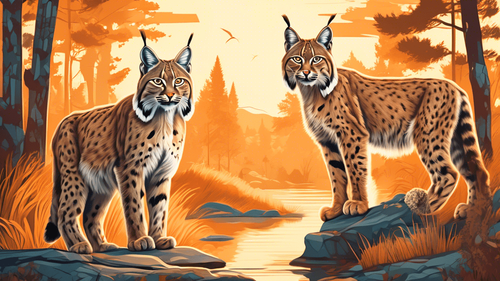 Create a serene and detailed illustration of diverse European wild cats including the Eurasian lynx, Scottish wildcat, and Iberian lynx, in their natural habitats ranging from dense forests, rocky mountains to the grasslands of Europe under a soft golden hour light.