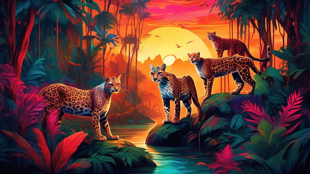 An enchanting digital painting capturing a diverse group of wild cats native to the Americas including a majestic jaguar, a sleek ocelot, and a mysterious puma, wandering through a lush, vibrant rainforest under a gleaming sunset.