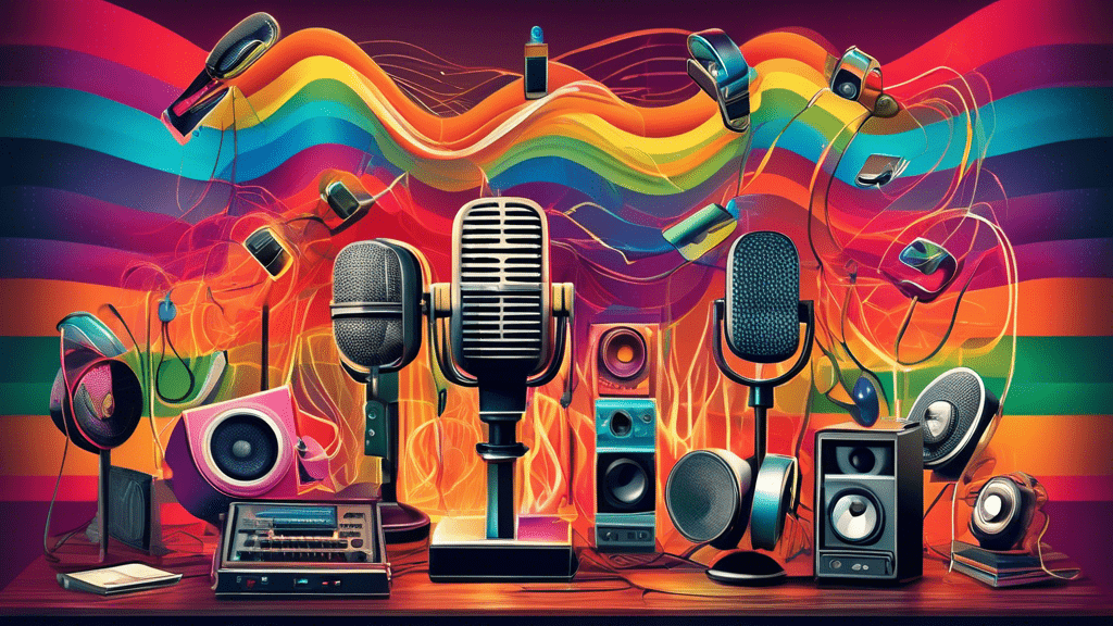An elegant vintage microphone surrounded by a variety of modern and classic listening devices such as smartphones, tablets, headphones, and books on tape, with sound waves emanating in a colorful spectrum to represent the variety of audio content available.