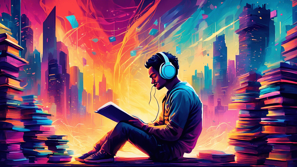 A colorful, digital painting depicting a person with headphones, sitting between towering stacks of books and surrounded by sound waves, symbolizing the transition from reading to listening, with a vibrant, futuristic city skyline in the background representing the audio renaissance.