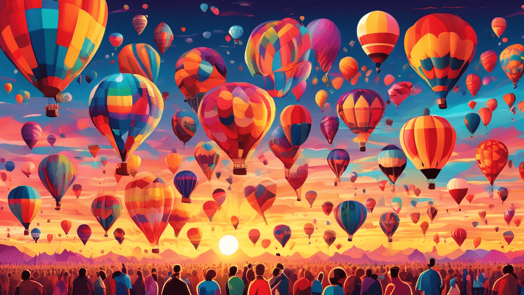 Vibrant sunset over a vast landscape filled with hundreds of hot air balloons of various shapes and sizes, each more colorful than the last, at the annual Balloon Fiesta, with families and photographers capturing the magical moment.