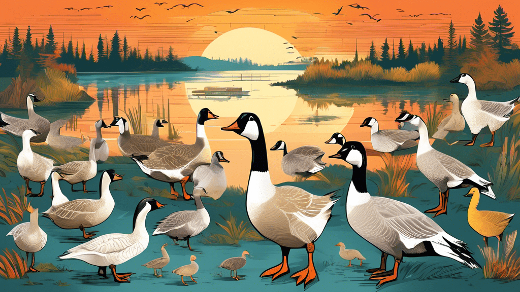 A vibrant, illustrative chart showcasing a variety of geese species in their natural habitats, with annotations detailing their unique features and names, set against a backdrop of a serene lake during sunset.