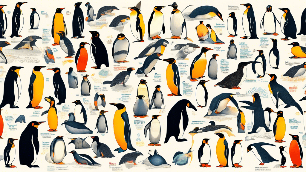 An illustrated chart showcasing a variety of penguins in their natural habitats, including Emperor, Adelie, Chinstrap, and King Penguins, each labeled with their names and depicted in accurate, vibrant colors.