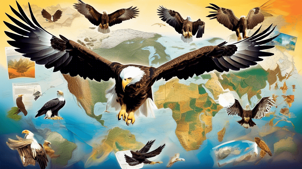 A majestic collage showcasing various types of eagles in flight around the globe, including the Bald Eagle over North America, the Harpy Eagle in South America's rainforests, the Golden Eagle soaring through European landscapes, and the Philippine Eagle gliding over Asian tropical forests, with a map of the world subtly blended in the background.