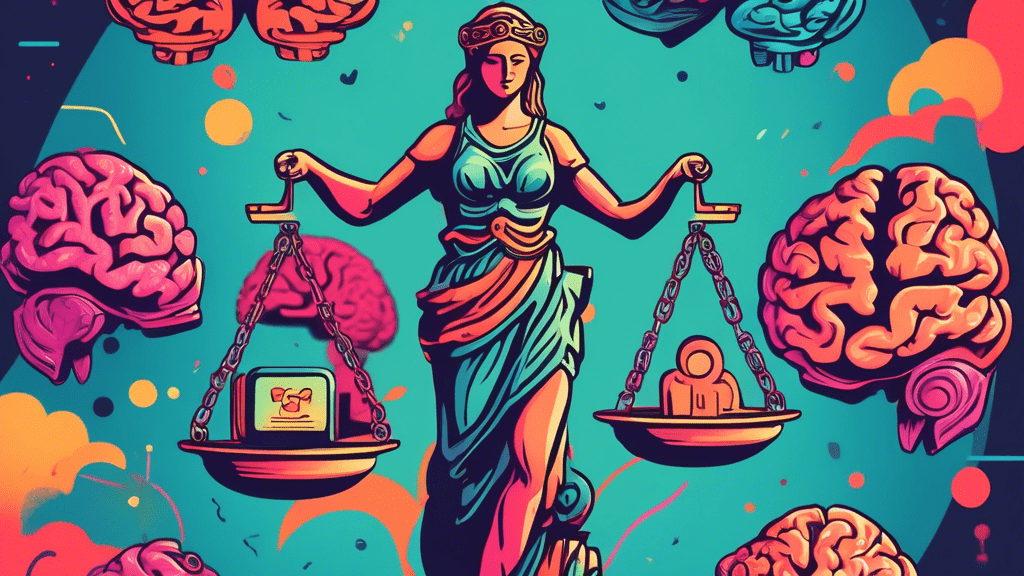 An illustration of Lady Justice holding the scales, with social media logos on one scale and a human brain on the other, symbolizing the ethical balance of social media use.