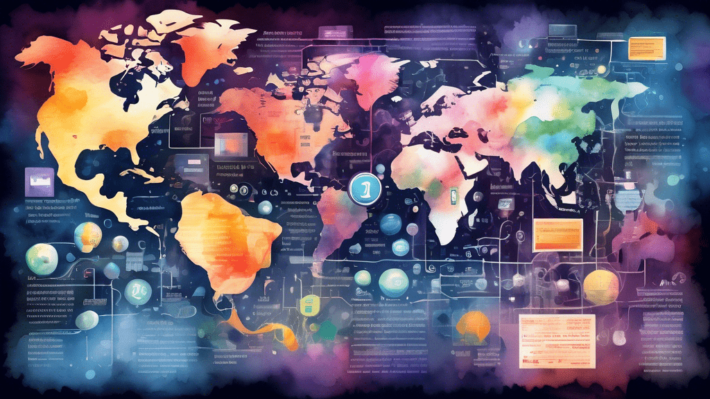 An artistic timeline showcasing key milestones in the evolution of the Internet, from the creation of ARPANET to the advent of the World Wide Web, social media, and future technology, rendered in a digital watercolor style.