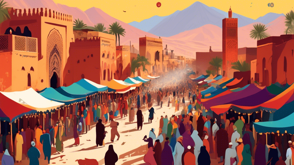 Create an image showcasing a vibrant marketplace in Marrakesh with the bustling crowd, traditional Moroccan lamps, and a camera crew filming a scene, all set against the backdrop of the picturesque Atlas Mountains, to represent one of the exotic locations from 'Murder Mystery 2'.