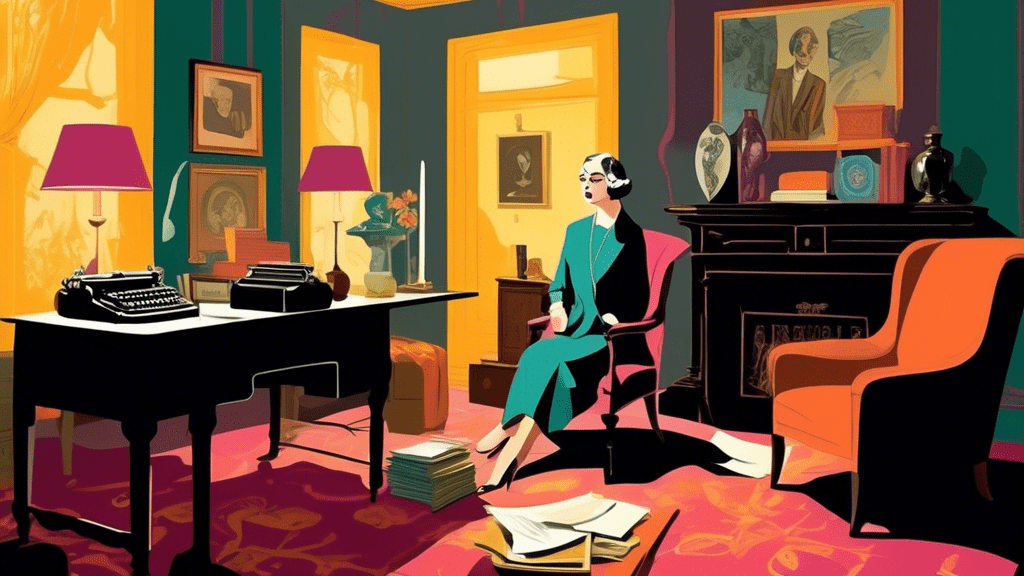 An elegant 1920s drawing room filled with mystery novels, a typewriter, and a portrait of Agatha Christie, with a shadowy figure examining a secretive document in the background.