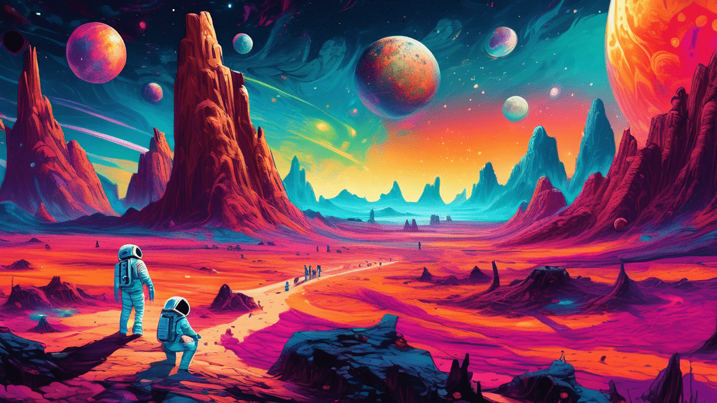 A vibrant illustration of astronauts exploring a captivating alien landscape, filled with mysterious ancient ruins and glowing cosmic phenomena in the background, symbolizing the endless discoveries awaiting in the vastness of space.