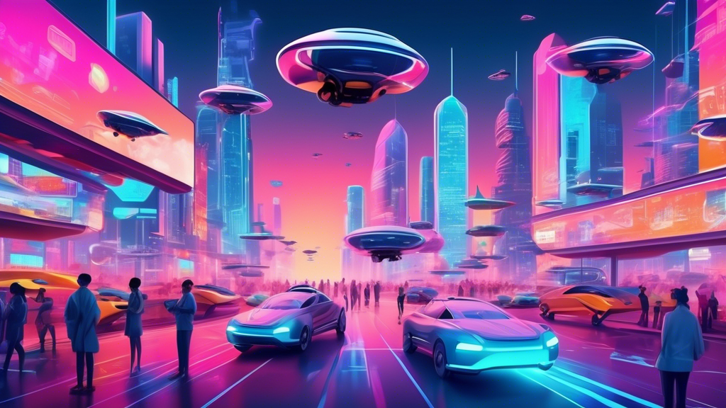 A futuristic cityscape at dusk with flying cars, holographic billboards, and people wearing augmented reality glasses, showcasing the latest tech innovations and gadgets.