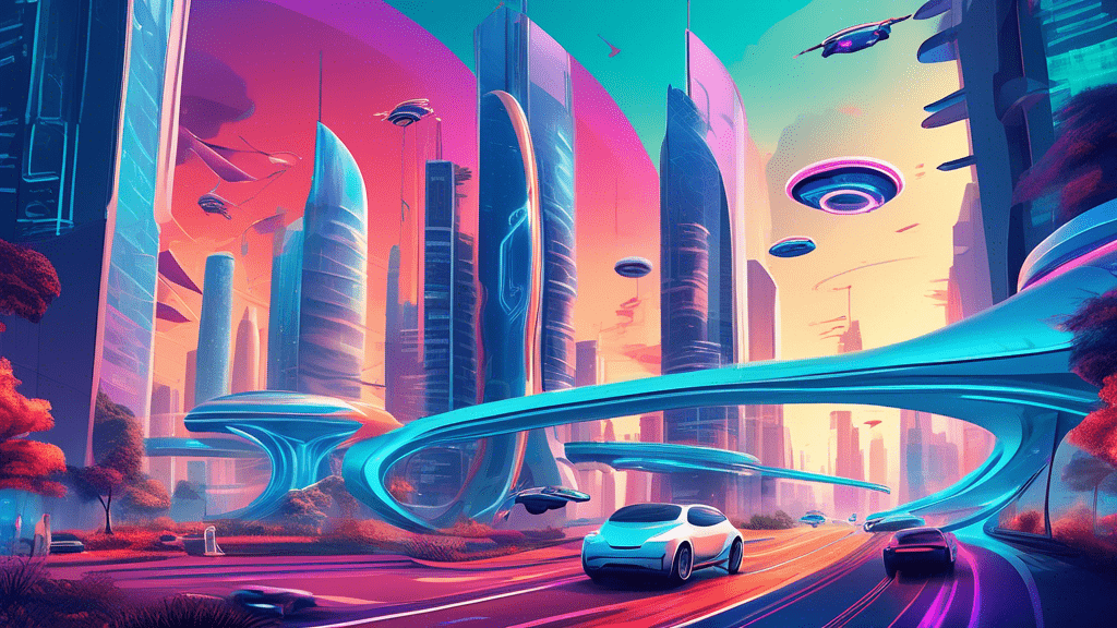Create an illustration of a futuristic cityscape with electric, autonomous cars on the ground, hyperloops connecting skyscrapers, and drones flying in the sky, depicting the future of travel.