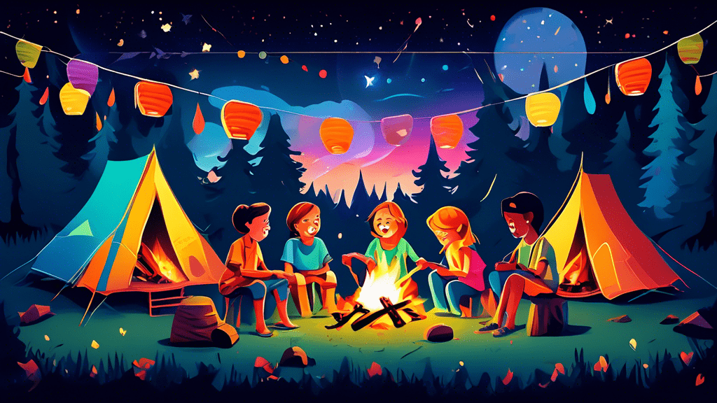 A group of happy children roasting marshmallows over a campfire under a starry sky, with tents in the background and colorful lanterns hanging from the trees, encapsulating the joy of summer camp adventures.