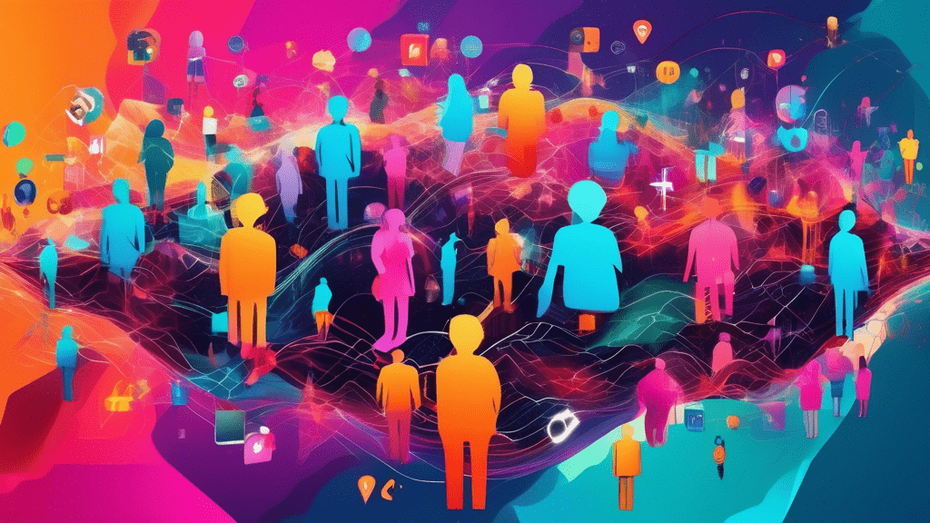 A futuristic digital collage showing a diverse group of people floating in a vibrant, interconnected network of social media app icons and trend waveforms.
