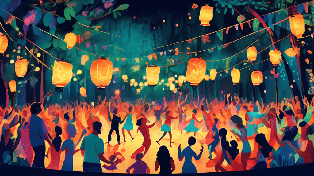 Illustrate a vibrant and magical evening at the Positivus Festival, showcasing diverse crowds of people joyfully dancing under enchanted, glowing lanterns, with a backdrop of whimsical, colorfully lit stages amid a lush, forest setting.