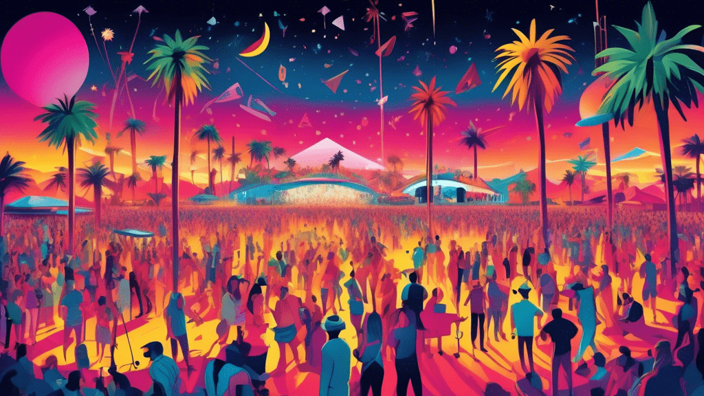 Vibrant illustration of a surreal, musical oasis under a starlit sky at the Coachella Music Festival, with abstract, colorful representations of various musical genres coming to life amidst a lively crowd of festival-goers