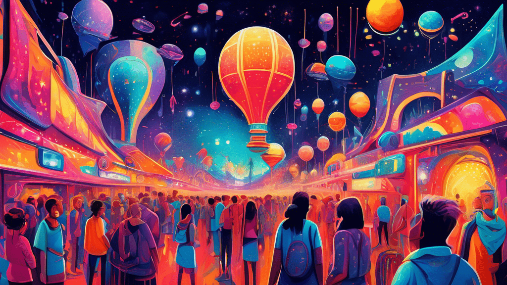 Vibrant painting of a bustling festival with artists showcasing futuristic inventions, surrounded by spectators marveling at illuminated sculptures and interactive digital art installations under a starry night sky.