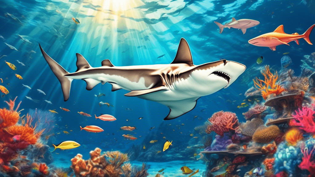 An underwater scene showcasing a majestic Great Hammerhead Shark swimming gracefully near a coral reef teeming with colorful marine life, illuminated by sunbeams piercing through the ocean surface.